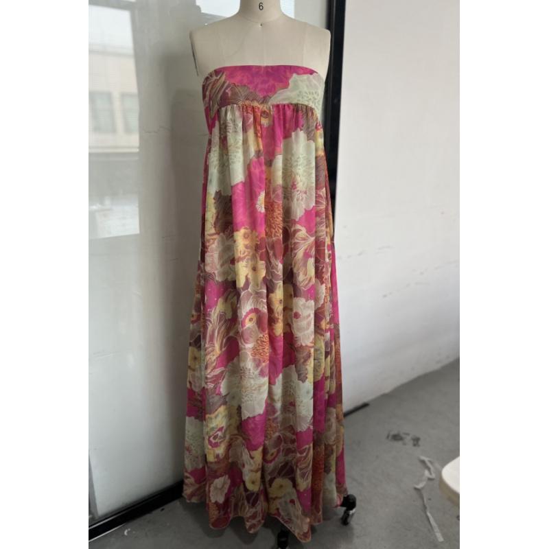 

Ретро Принтованное Платье Без Бретелей Длинное Модное Женское Без Рукавов С Открытыми Плечами Плиссированное Vestidos 2025 Лето Леди Пляжная Вечеринка Халаты L красный