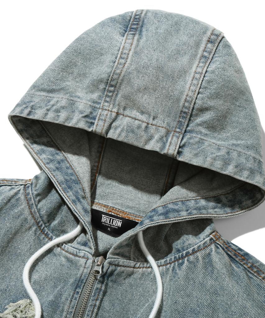 Trillion Star Applique Damaged Wash Denim Jacket (Beige Blue)