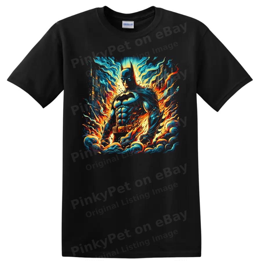 Batman Superhero T Shirt w/ Neon Fire Cityscape Comic Art Graphic Design Tee
