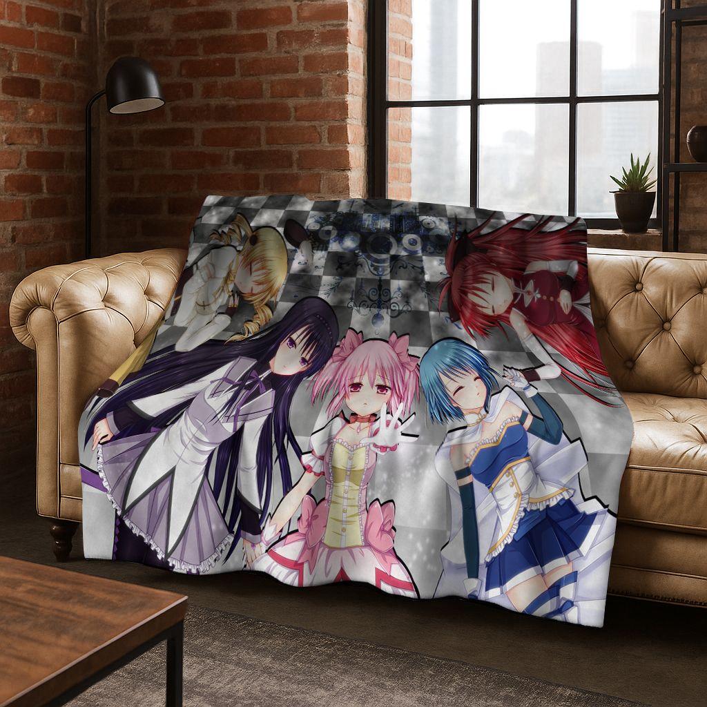 Cartoon Puella Magi Madoka Magica Girl Anime Art Flannel Blanket,Cozy Soft Throw Blanket for Home Bedroom Bed Sofa Cover Kids
