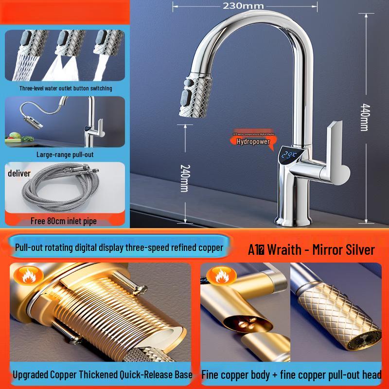 Digital Display Brass Pull-Out Kitchen Faucet