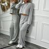 Women Autumn Winter Solid Color Loose Knitted Sweatshirt Suit Casual Long Sleeved Striped Hoodie Long Straight Leg Pants Two-piece Set
