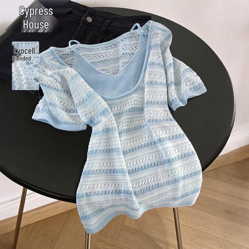 Women s Striped Faux Two-Piece Short Sleeve Knit Top One Size