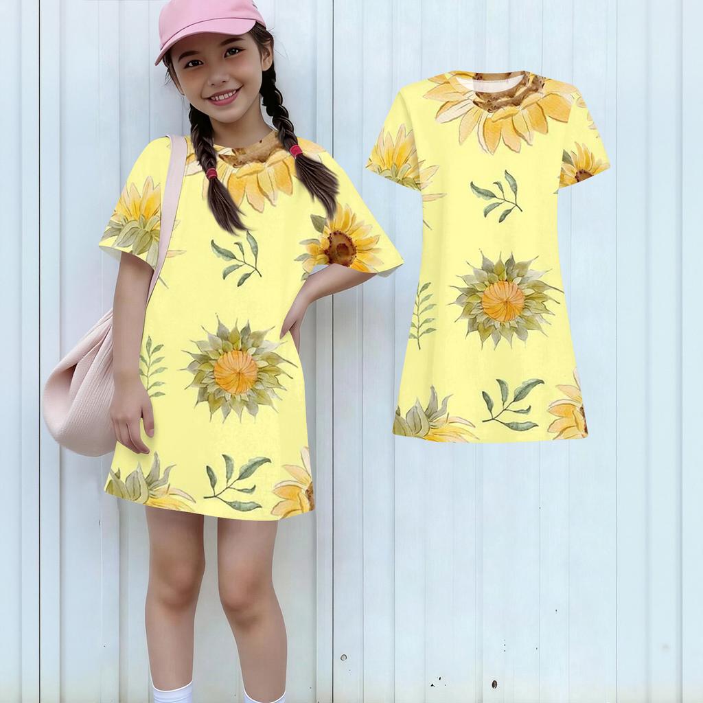 Girls Print Casual Dress Kids Loose Round Neck Short Sleeve Thin Sundress