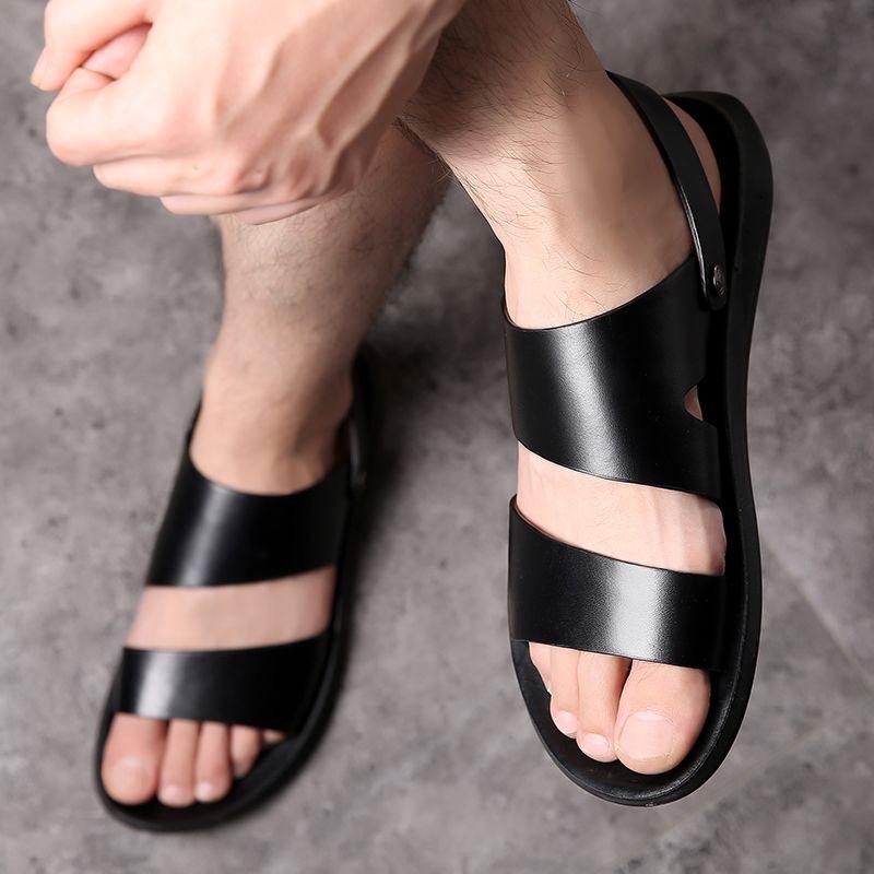 Men Black Leather Sandals Summer Brown Outdoor Hiking Sandals Wide Head Beach Shoes for Father Over Sized