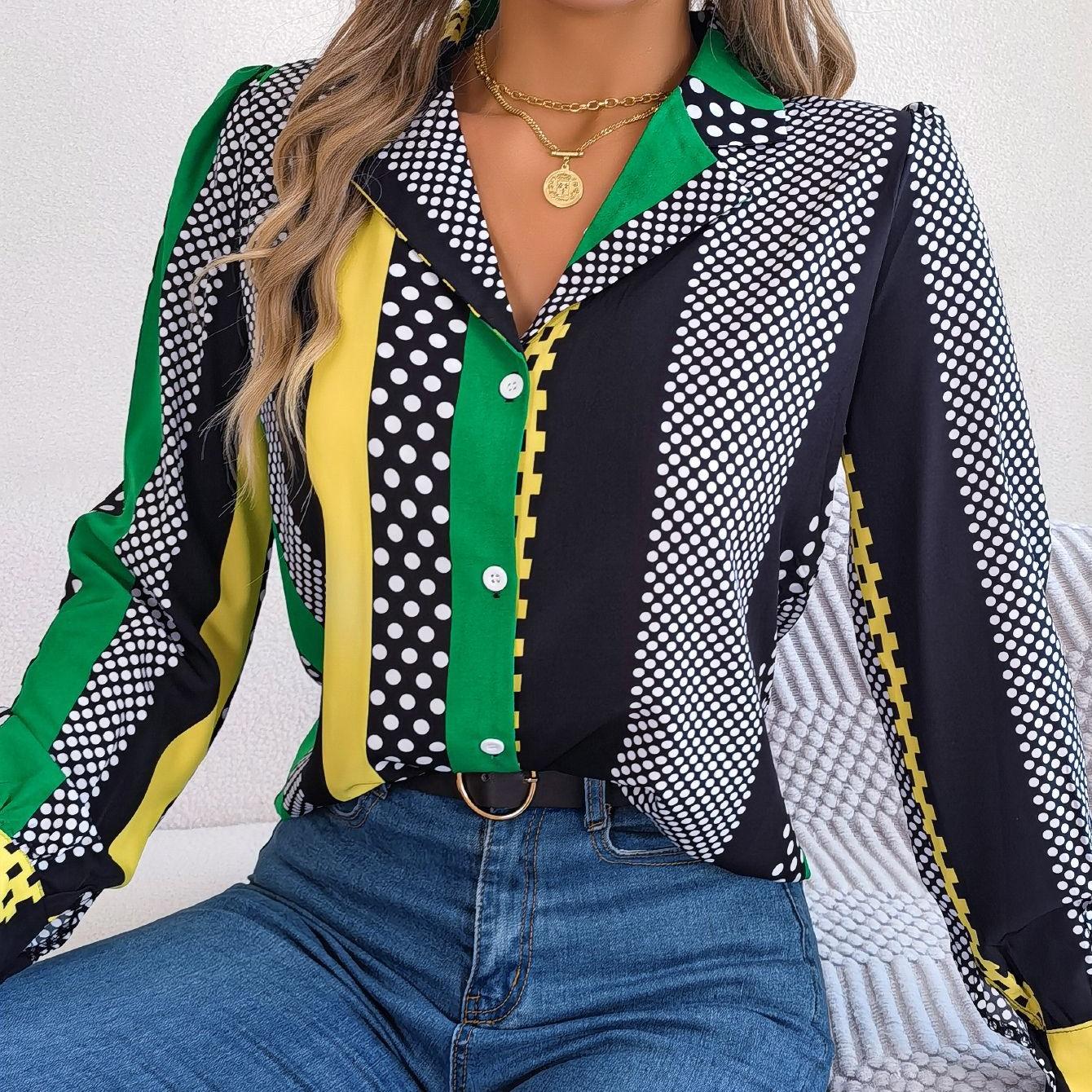 

GMXIA женская модная повседневная рубашка в горошек с длинными рукавами и воротником, блузки и рубашки, цветная рубашка в пригородном стиле L зелёный