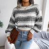 Long Sleeve Loose Knit Sweater for Women O Neck All Match Contrast Fall Winter S-L