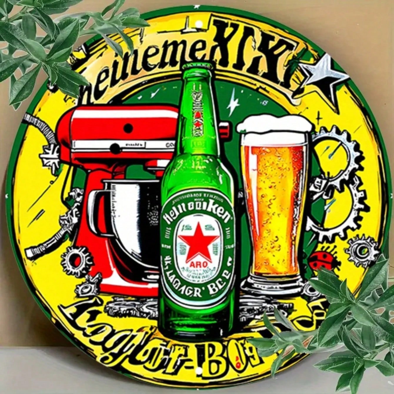 Vibrant Colors Metal Tin Sign Beer Bottle Wall Art Gears Round Aluminum Decor 20x20