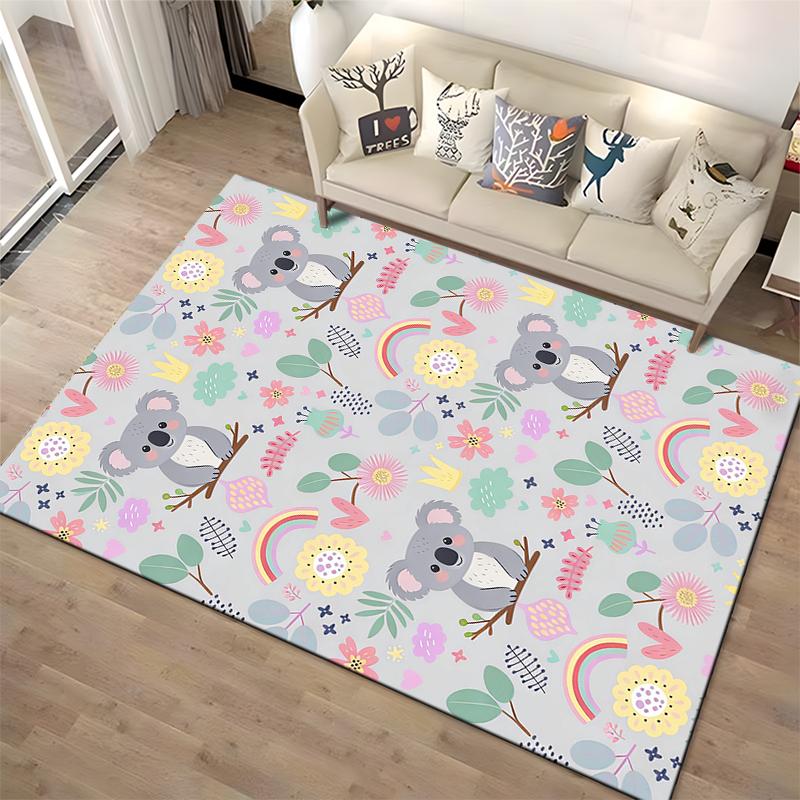 Cute Koala Cartoon Carpet with Rainbows and Floral Pattern Design Suitable for Use As an Anti-slip for Living Room Bedroom Sofas