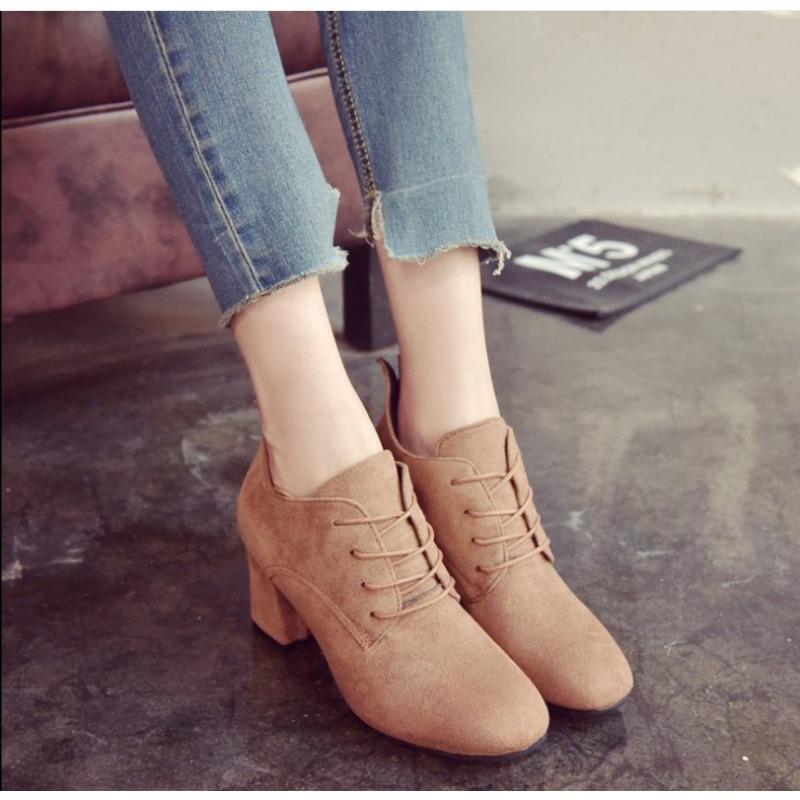 2026 Spring Fall Retro  Oxfords Block High Heels Faux Suede Office Lady Daily Shoes Lace Up Comfort Pumps Pus Size