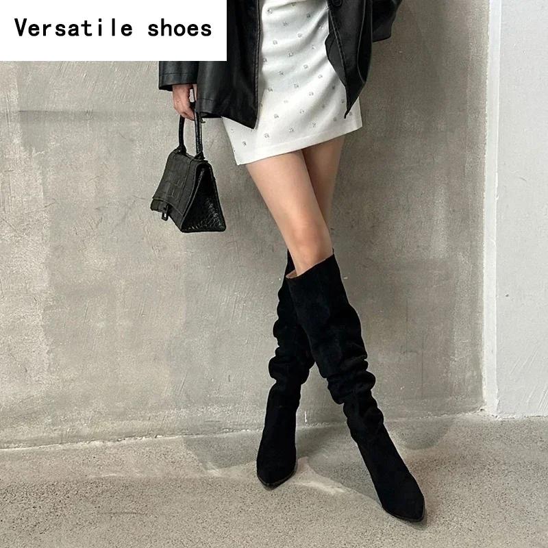 Vintage Pleated Women Knee High Boots Fashion Pointed Toe High Heels Shoes Autumn Winter Ladies Sexy Long Botas De Mujer