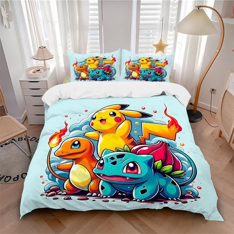 3pcs The Legendary Starters of Pokémon Print Bedding Set (1 Cover + 2 Pillowcases, Without Inserts), This Printed Bedding Set is Soft and