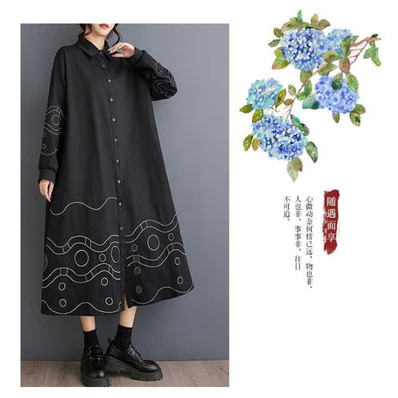 Lösa Plus Size Splicing Casual Enkla Broderier Söta Långärmade Klänningar