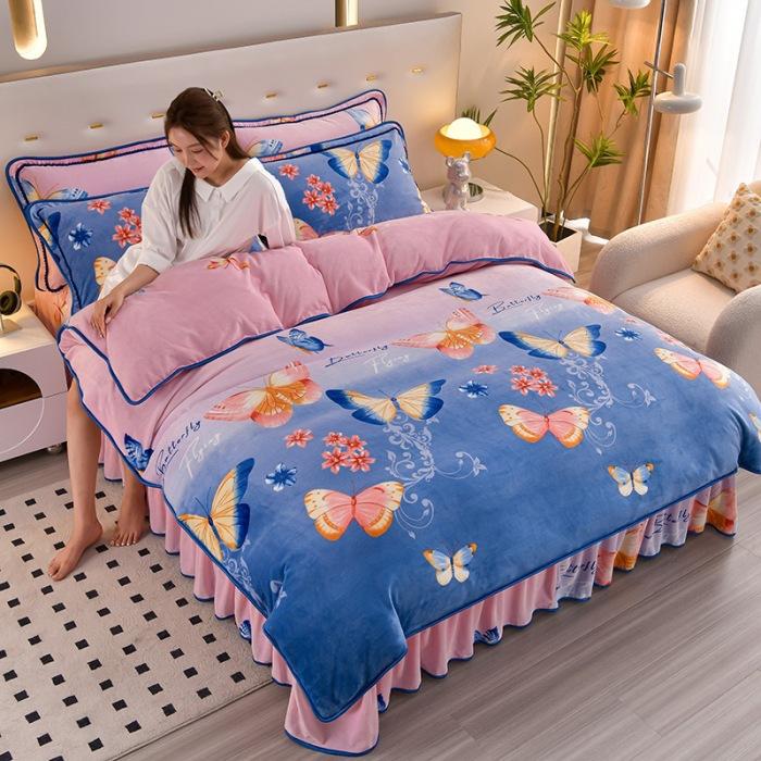 Light luxury high-end thickened milk fleece four-piece set, winter warm quilt cover, double-sided coral fleece anti-static three-piece set