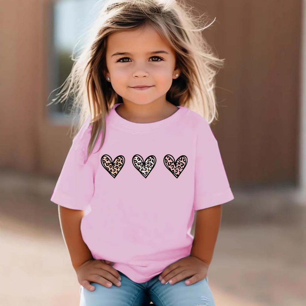 Leopard Heart Pattern Girls' T-Shirt, Short-Sleeved, Ages 1-8