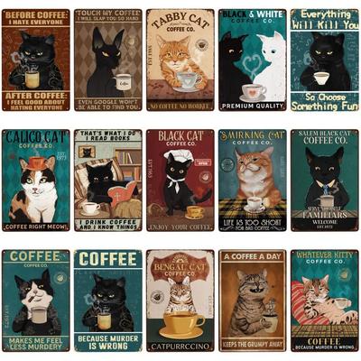 1 Stück Retro Katze Kaffee Metallschild Vintage Ein Kaffee am Tag hält den Griesgram fern für Zuhause Café Bar Wanddeko 8x12 Zoll