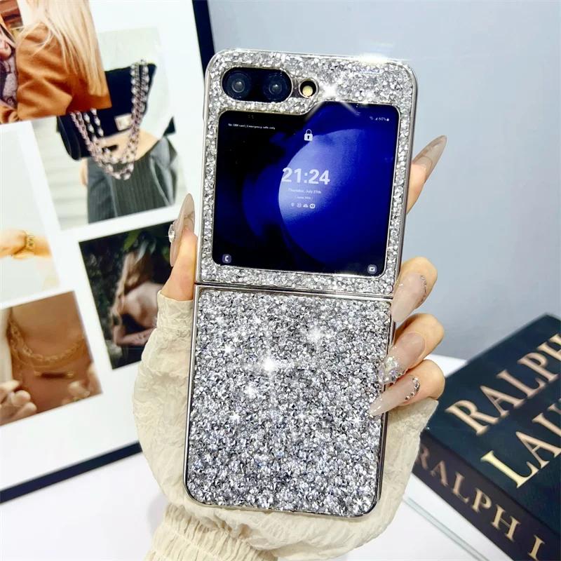 

Роскошный гальванический чехол Water Diamond для Samsung Galaxy Z Flip 6 5 4 3 со стразами, жесткий противоударный чехол с полной защитой For Z Flip6 серебряный