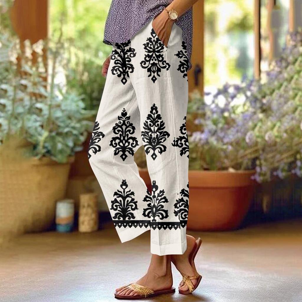 Damen Casual Mode Bedruckte Hose mit geradem Bein Hose mit Taschen