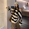 Lazy Wind Retro Contrasting Color Striped Slanted Shoulder Knitted Sweater Women's Autumn New Loose Temperament Off-the-shoulder Shirt Casual