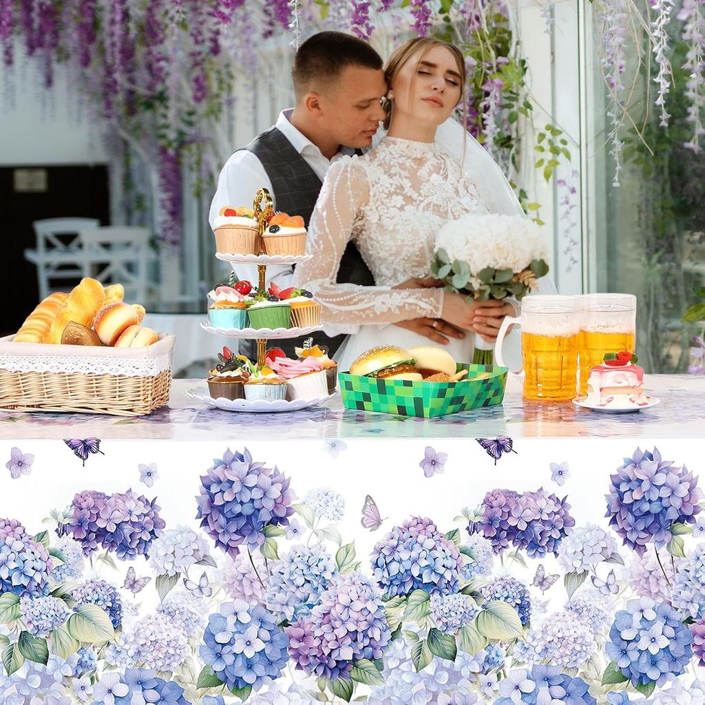 Peryiter 3 Pcs Spring Hydrangea Plastic Tablecloths Watercolor Flower Butterfly Tablecloth Disposable Table Cover Floral Table Cloth for Easter