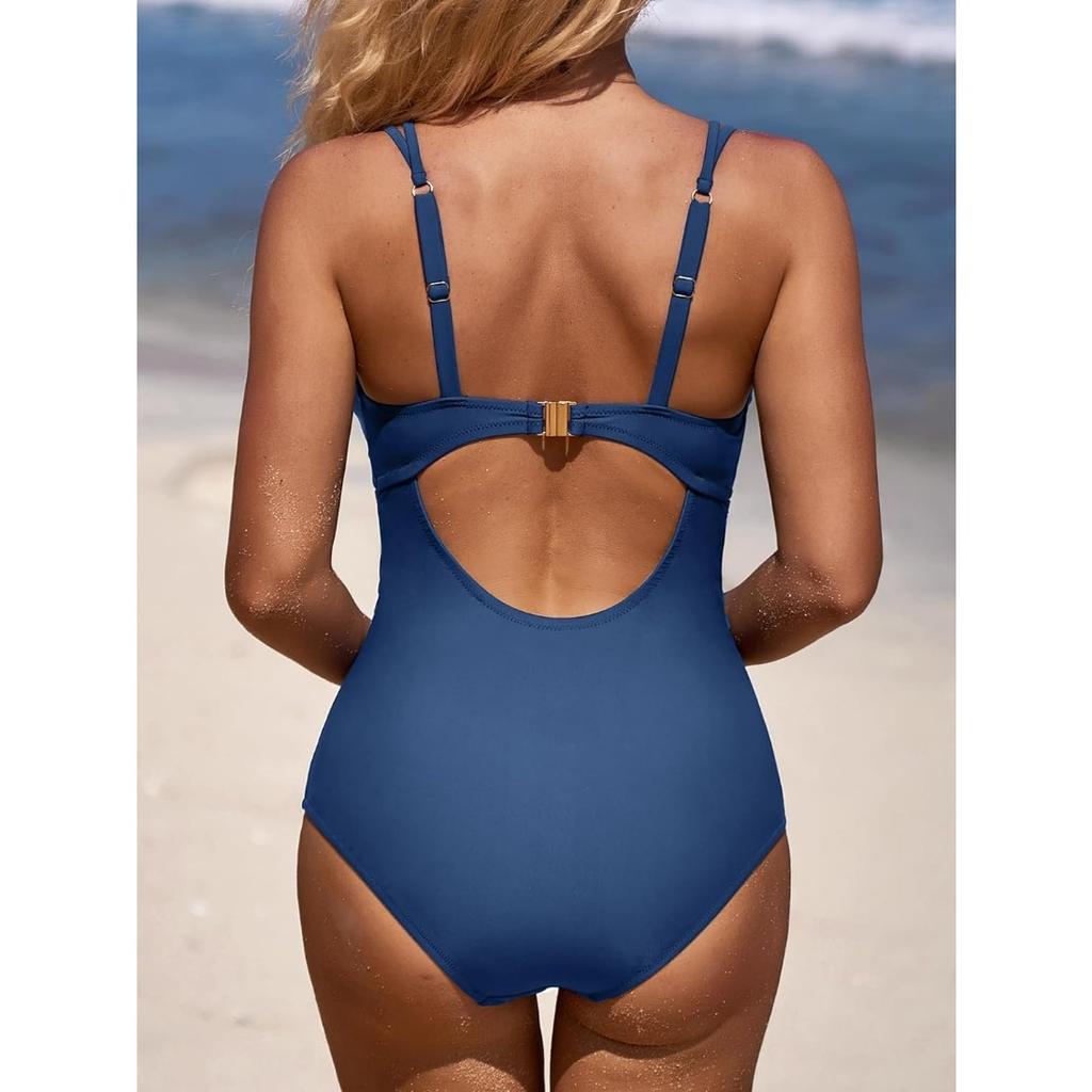 CHARMLEAKS Scalloped One Piece Swimsuit Women Ruched Tummy Control Bathing Suit Cut Out Monokini Swimwear