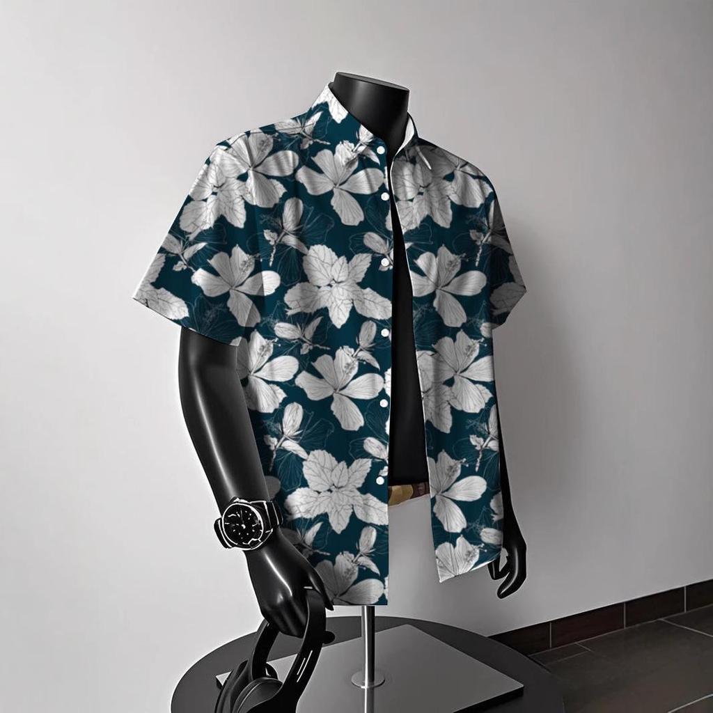 Men's Vintage Hong Kong-Style Hawaiian Floral Short-Sleeve Shirt: Trendy Summer Beachwear for Couples