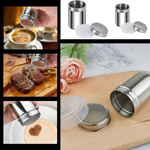 Lot de 2 Shakers à Poudre en Acier Inoxydable, Bouteilles Saupoudreuses, Boîtes à Poudre, Saupoudreuses à Condiments pour Saupoudrer Sucre, Cacao, Café, Chocolat, Poivre, et