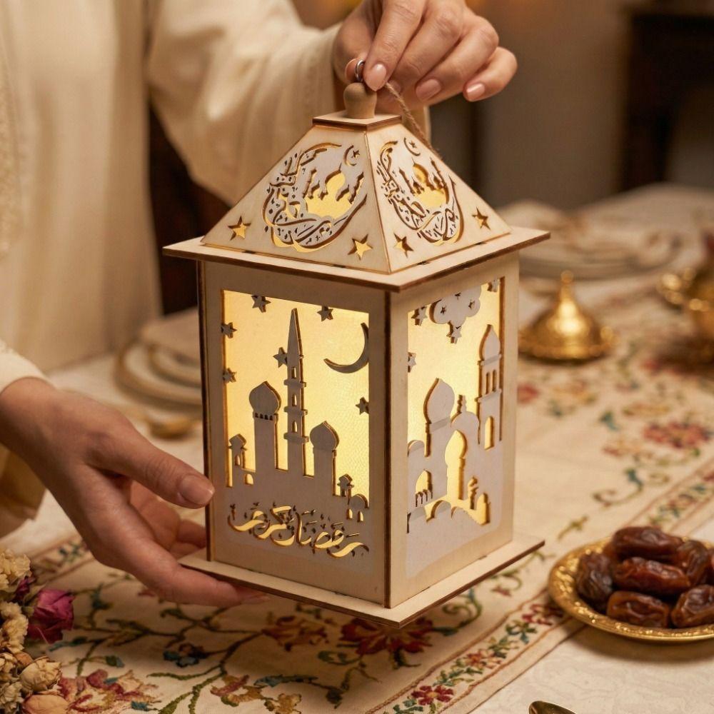 Festival Party Wooden Ramadan LED Lantern Hanging Moon Star Design Eid Mubarak Lantern Hollow Lantern Ornament Festival Party