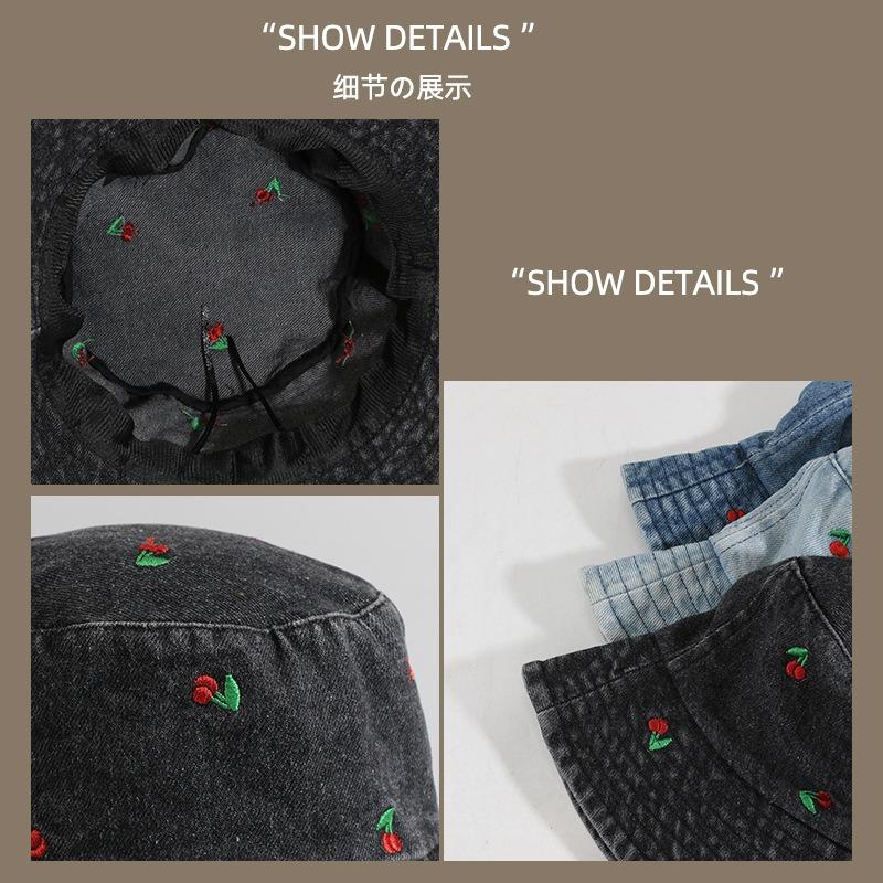 New hat female versatile fashion denim bucket hat embroidered cherry pattern wide brim sunshade basin hat