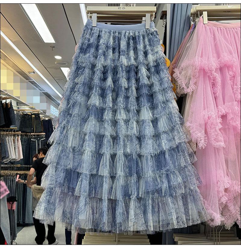 Verlaufender Retro Batik Mesh Tüll Midi Rock