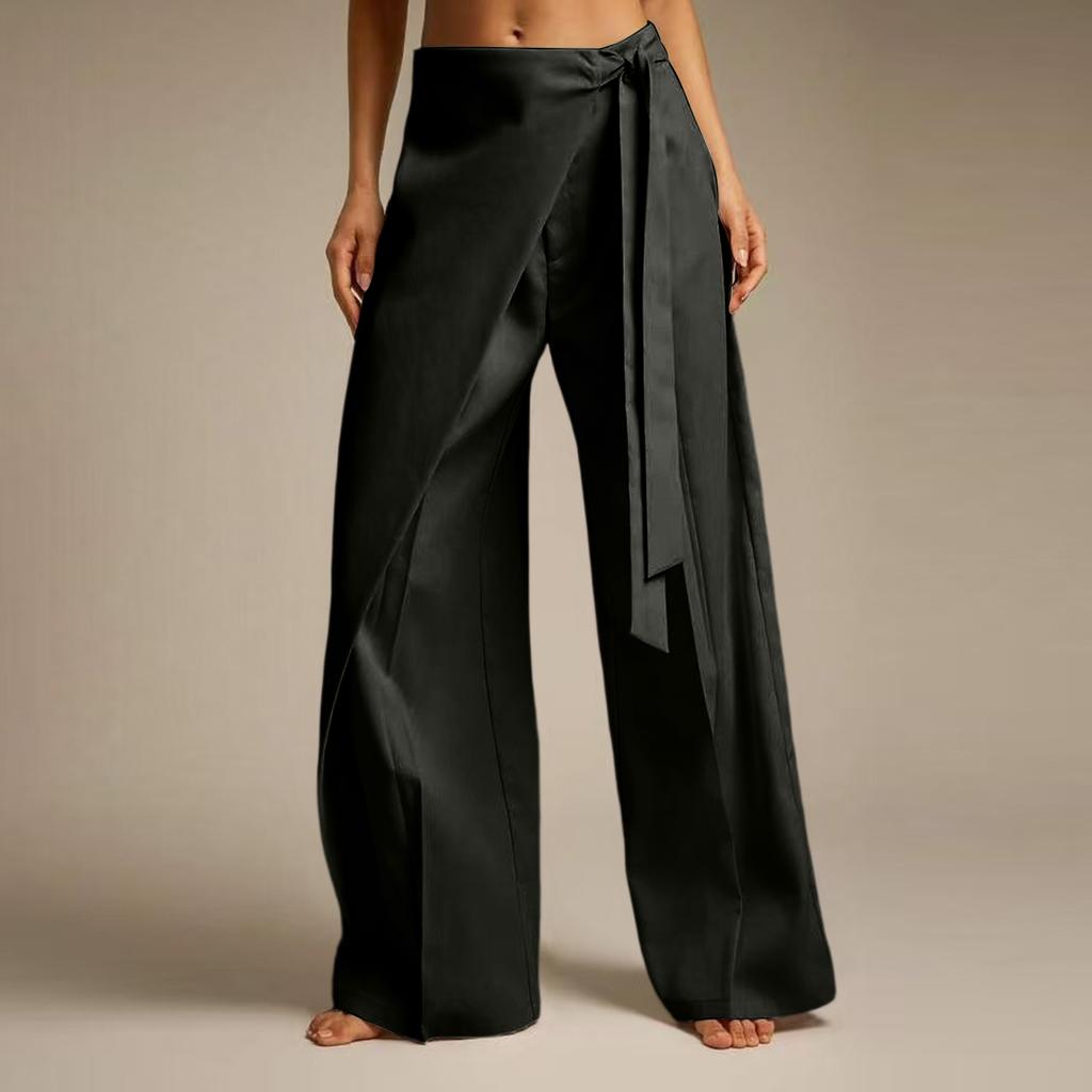 Women Casual Wide Leg Pants with Draped Overlay and Waist Tie Elegant Loose Fit Lightweight Fabric Suitable for Office and Daily Wear
