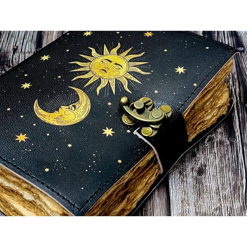 Kožený deník Slunce Měsíc, 200 stran papíru s trhanými okraji, Deník, Kožený zápisník, Ručně vyráběný deník, Vintage kniha pro muže a ženy