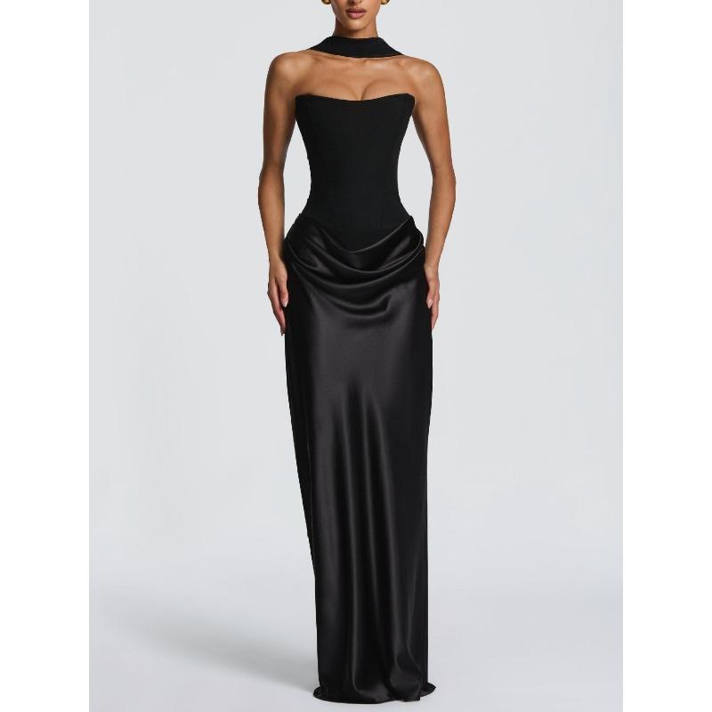 New Solid Color Waist Sexy Tube Top Hip Long Dress Dress Satin Lace-up Streamer Dress