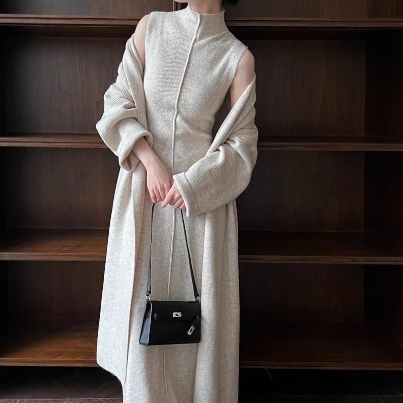 Womens Long Knit Cardigan High Neck Midi Dress Set Soft Faux Cashmere Casual Chic Outfit Fall Winter