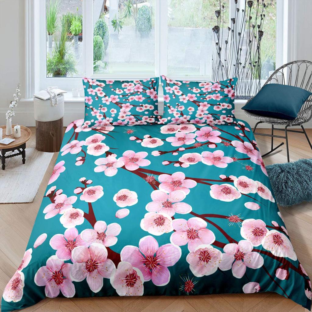 Peach Blossom Duvet Cover Set King Size Microfiber Pink Floral Bedding For Teens Women Twin Comforter Cover