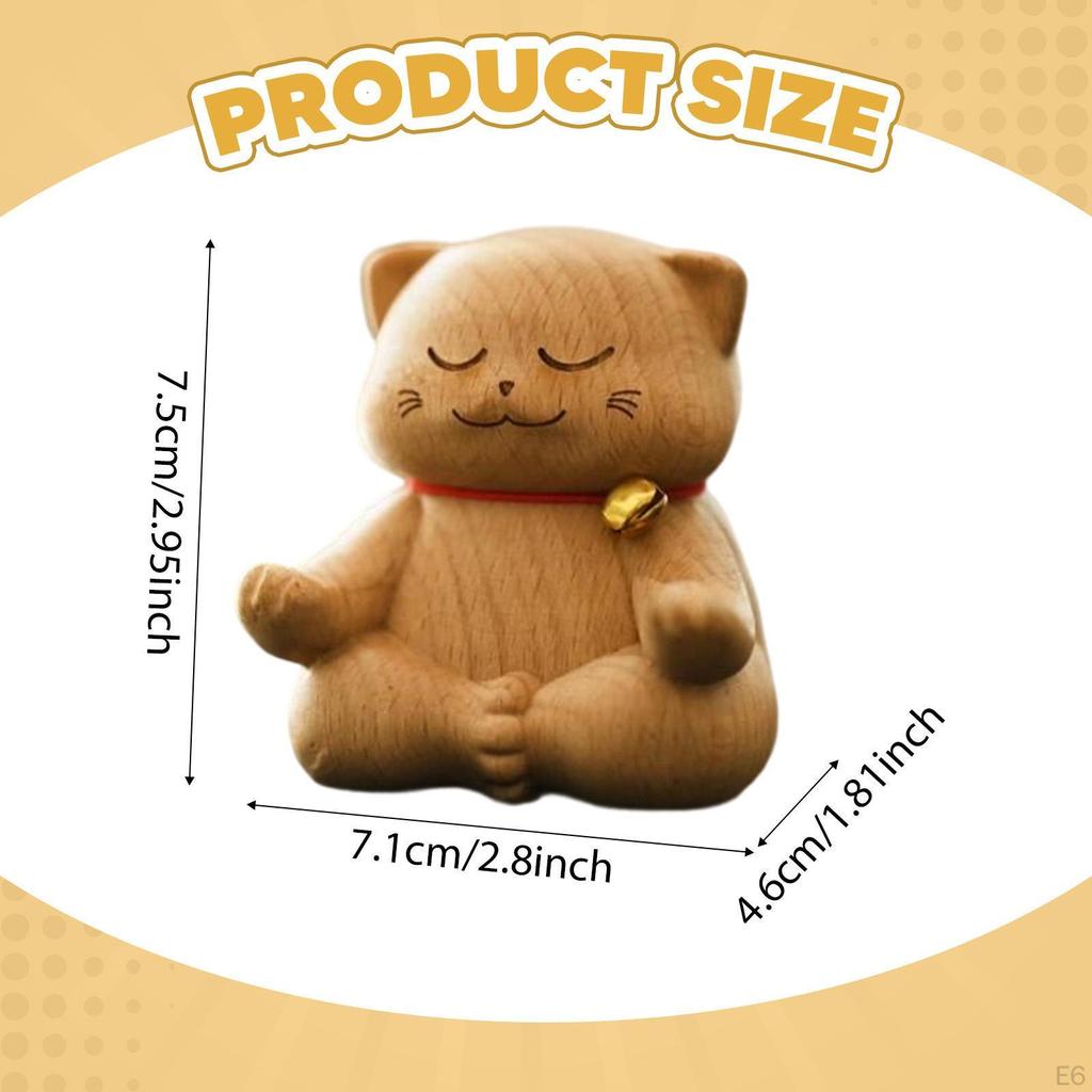 Carved Wooden Cat Statue Animal Figure Desk Carving Ornament Miniature Kitten Figurine for Companies