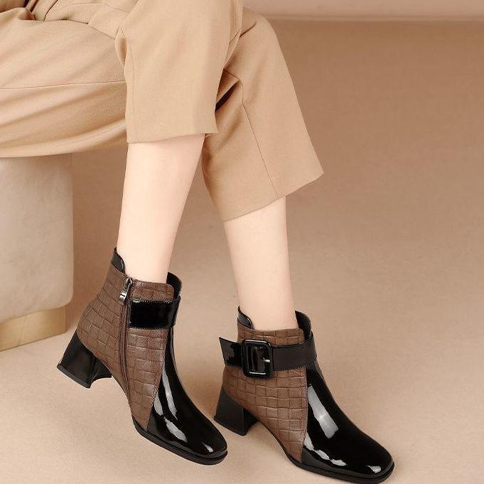 Women's Autumn/Winter Mid-Heel Square Buckle Martin Boots - Genuine Leather, Versatile Stitching, Chunky Patent Ankle Design