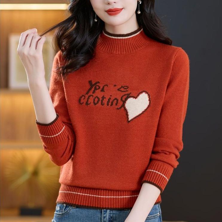 Women's Thickened Wool Sweater Autumn Winter Half-High Neck Printed Wool Sweater Loose Knit Pullover Top