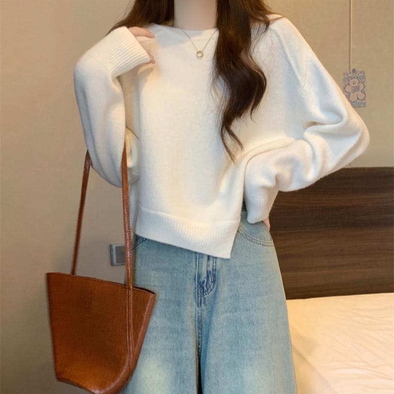 

Нестандартный короткий свитер женский осенне-зимний винтажный вязаный свитер свободный ленивый стиль пуловер круглый вырез повседневный однотонный свитер L бежевый