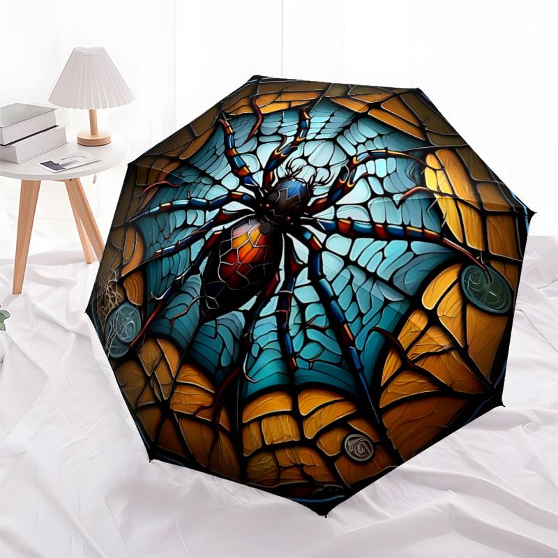1pc Spider StainedGlass Automatic Folding Umbrella Compact Lightweight Travel Umbrella with 8-Rib Sturdy Frame, Windproof & Self085