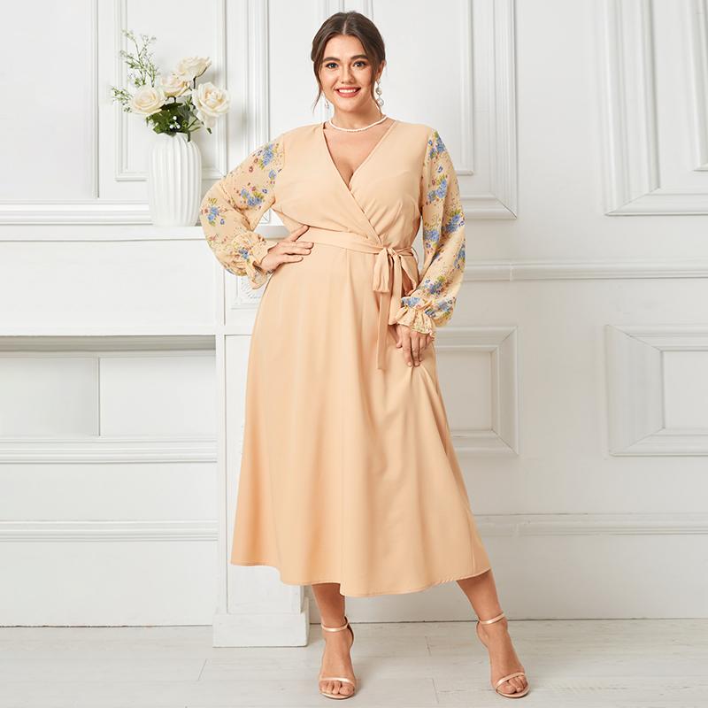 

Плюс размер женщин V-образным вырезом с поясом с цветочным принтом и рукавами макси-платье