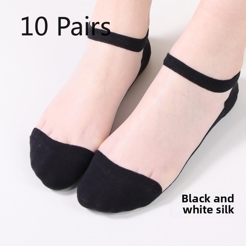 10 Pairs Socks for Women Spring Summer Thin Draw Pattern Glass Silk Boat Socks Light Breathable Crystal Silk Boat Socks for Women