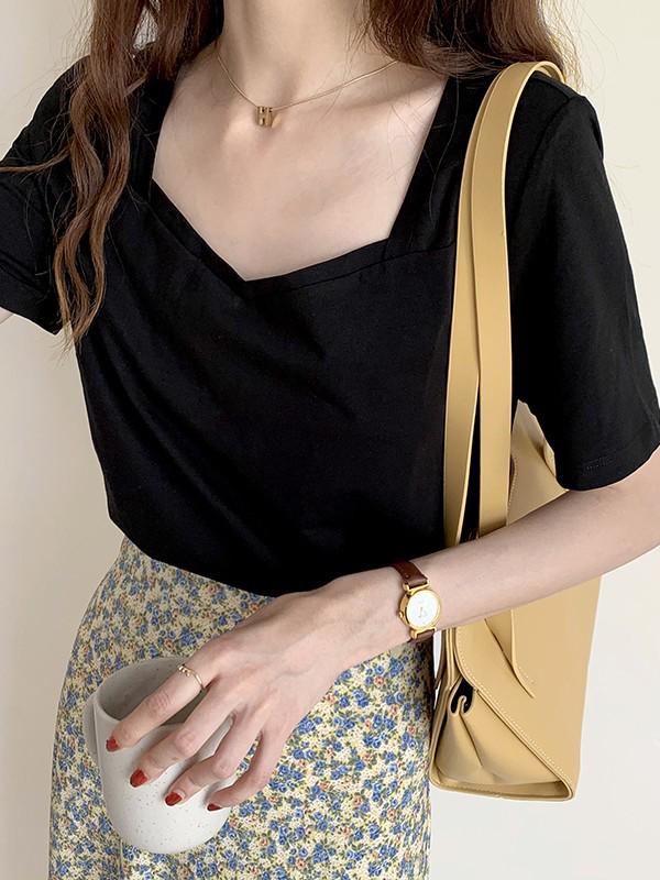 Women's Summer V-Neck T-Shirt: Loose, Slimming, Short-Sleeve, Versatile Casual Top In Solid Color, Korean Style.