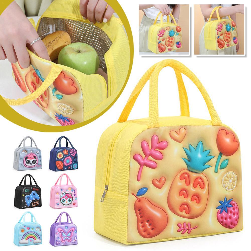 3D Cute Printed Cartoon Lunch Bag for Kids with Insulation and Preservation Function Bag Organizer Tote Bag with Zipper