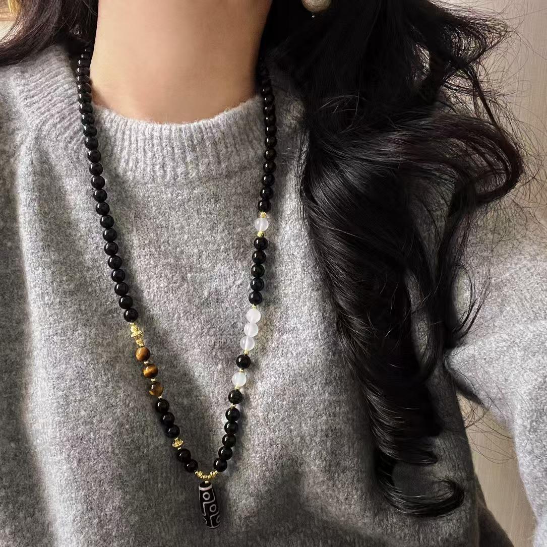 Vintage Natural Black Agate Dzi Beads Sweater Chain Necklace Collarbone Chain