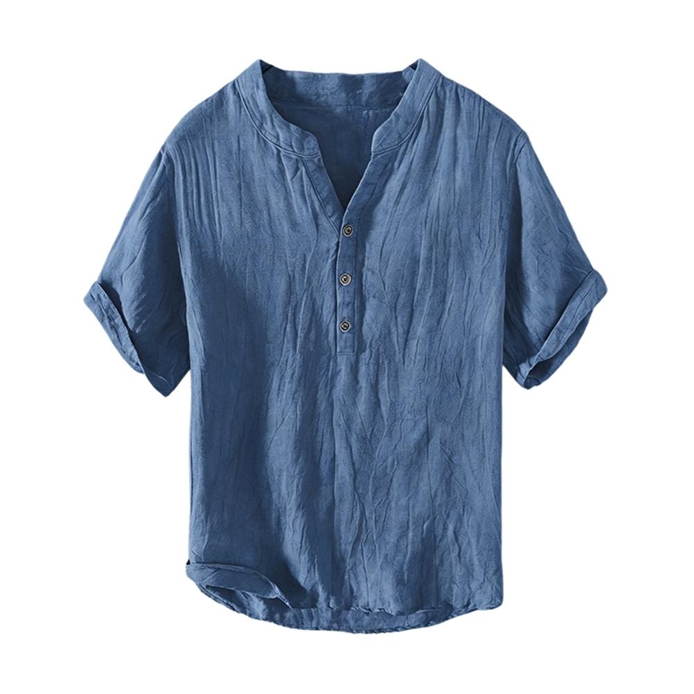 Camicia Casual Estiva da Uomo a Maniche Corte, Girocollo, Monocolore, in Cotone e Lino