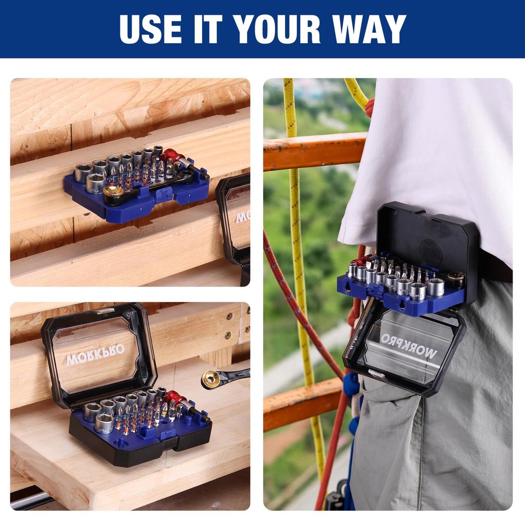 WORKPRO Socket Wrench Driver Bit Ratchet Mini Ratchet Ratchet Extension Bit Storage and Stool Buckle for and Automotive 34-Piece Set, Set, Set, 6.35mm