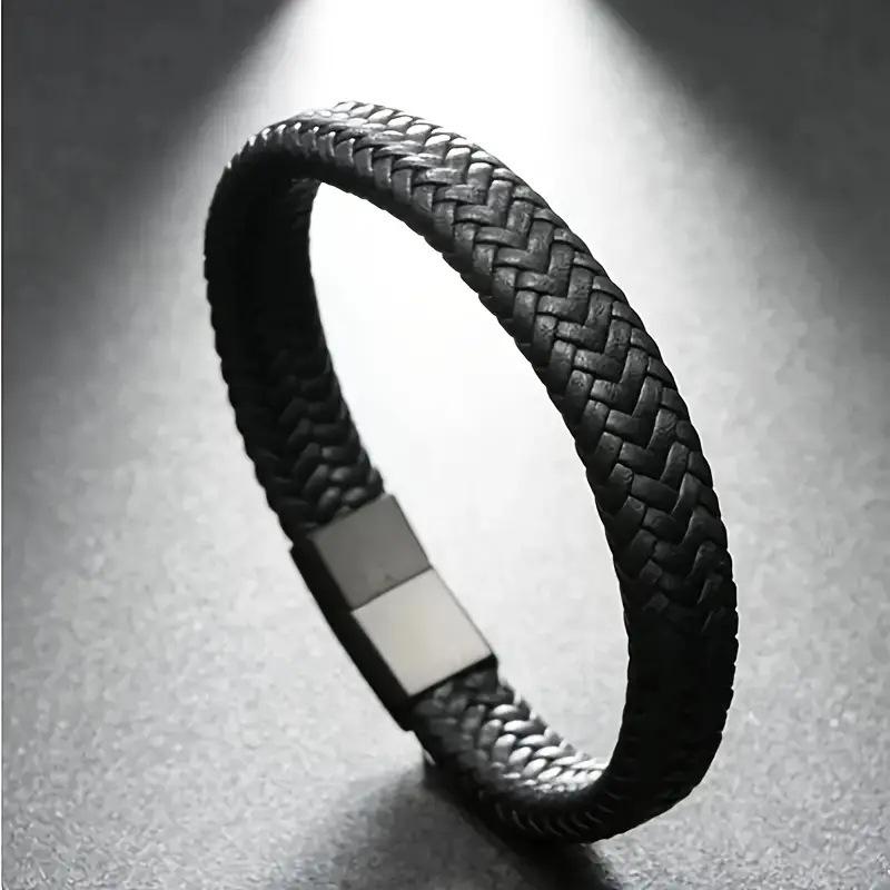 Men's Vintage Leather Magnetic Buckle Bracelet - Minimalist Woven Mesh Design, Handmade