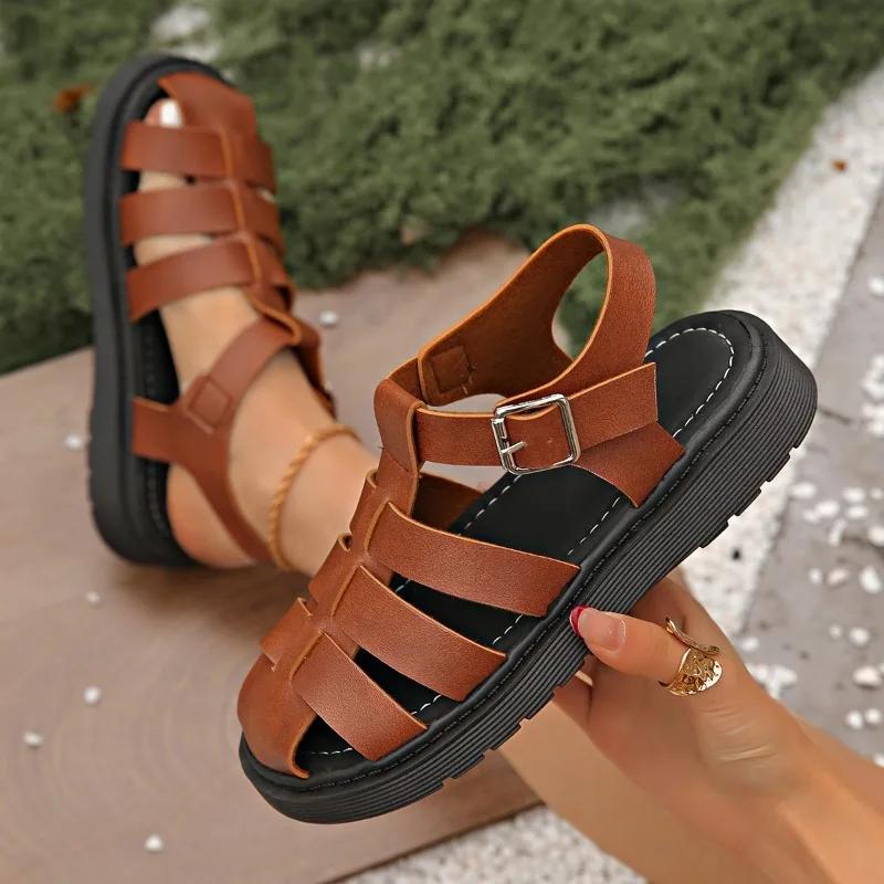 2025 Summer New Rome Closed Toe Women's Sandals Outdoor Casual Platform with Buckle Strap Daily Plus Size Hollow Sandals Zapatos