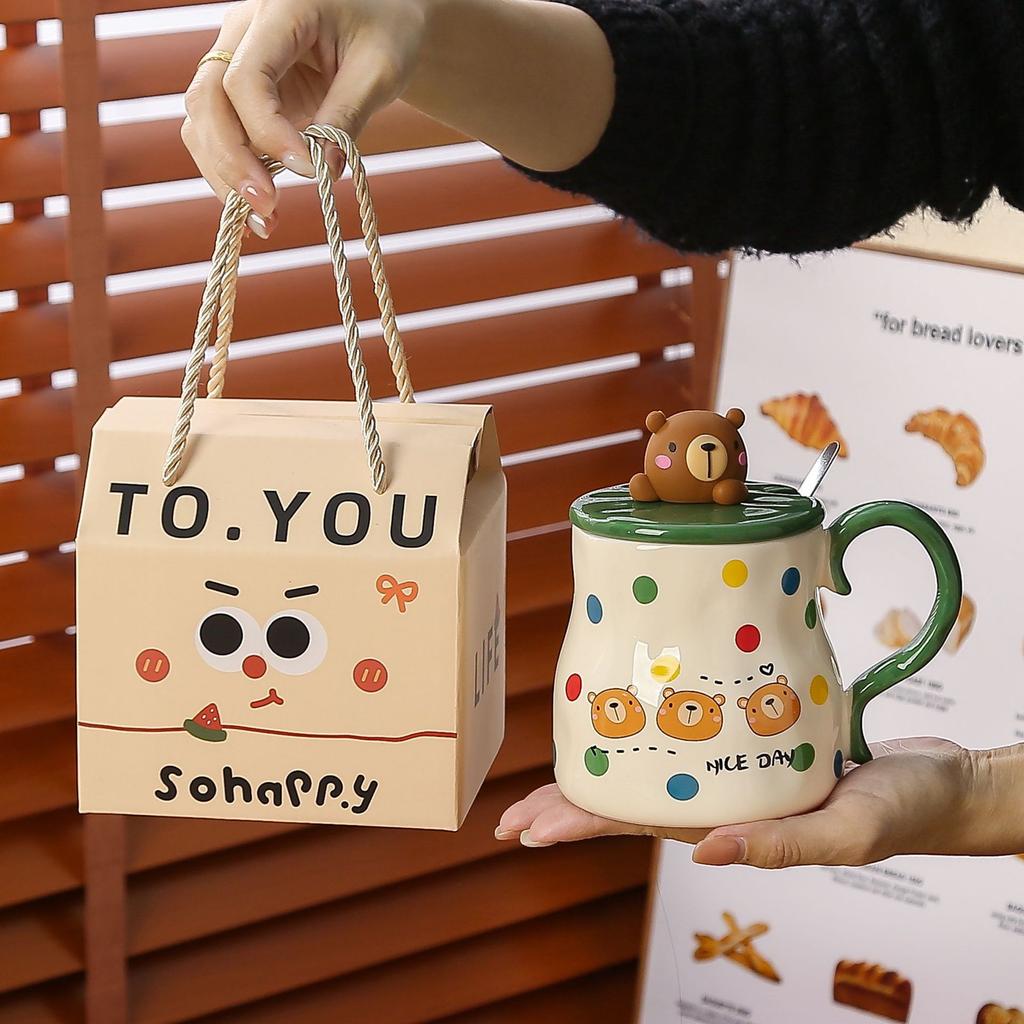 Polka dot animal cat mug with lid spoon gift box ceramic cup household water cup female cute office cup